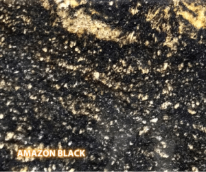 Amazon Black Granite - A slab of natural stone, Granite, featuring a warm, dark base with a speckled pattern of blacks, browns, whites, golds & yellows - Polished Finish