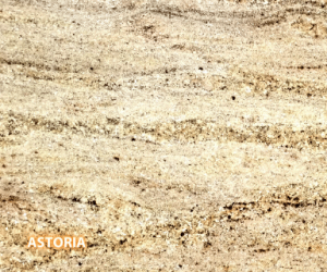 Astoria Granite - A slab of natural stone, Granite, featuring a warm, light base with a horizontally striated pattern of brown, tan, white, gold and yellow - Polished Finish