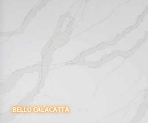 Bello Calacatta Quartz - A slab of engineered stone, Quartz, featuring a neutral, white  base with diagonally striated grey veining - Polished Finish