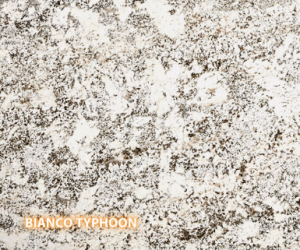 Bianco Typhoon Granite - A slab of natural stone, Granite, featuring a neutral, light base with patterns of grey, brown, white, cream and tan - Polished Finish