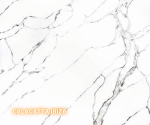 Calacatta Ibiza Quartz - A slab of engineered stone, Quartz, featuring a neutral, white  base with diagonally striated dark grey veining - Polished Finish