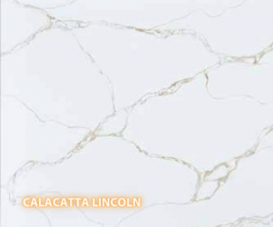 Calacatta Lincoln Quartz - A slab of engineered stone, Quartz, featuring a neutral, white  base with diagonally striated grey and gold veining - Polished Finish
