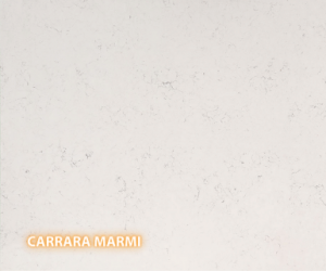 Carrara Marmi Quartz - A slab of engineered stone, Quartz, featuring a neutral, light base with a soft grey cloud-burst pattern - Polished Finish