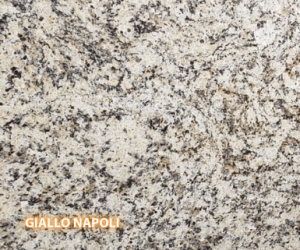 Giallo Napoli Granite - A slab of natural stone, Granite, featuring a light & warm base with a flecked & webbed pattern of blacks, grays, whites, browns & tan - Polished Finish